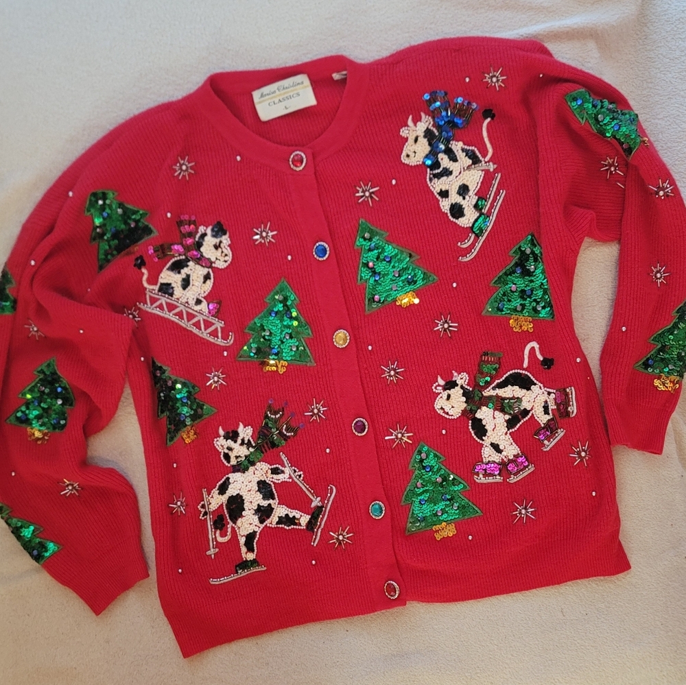 Ugly Red Holiday Sweater with Cow and Tree Design Christmas